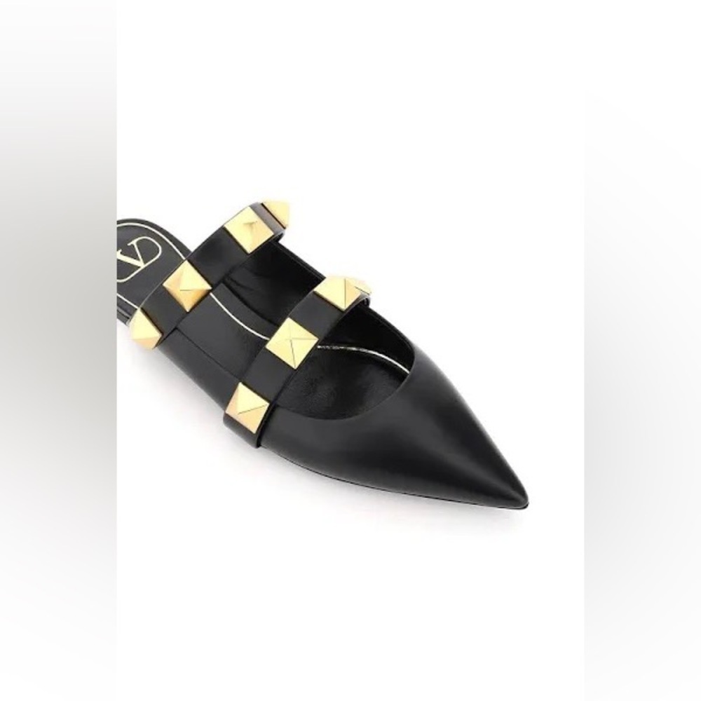 Valentino Garavani Black leather double strap Roman stud flat mules EU 38.5